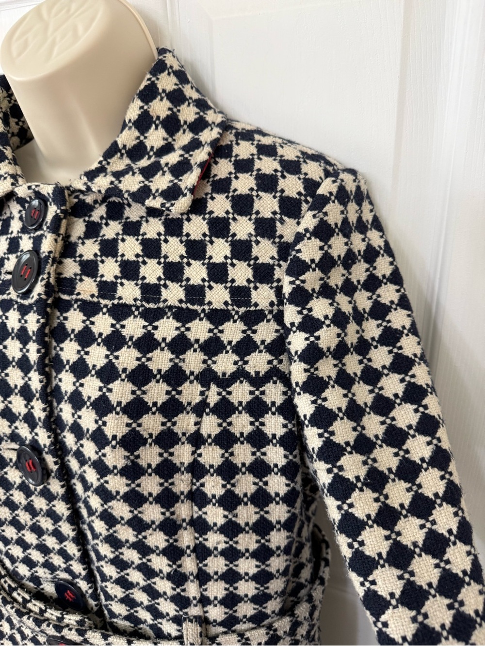 Tommy Hilfiger Wool Blend Pattern Coat Navy Ivory Belted Peacoat Size 10 - Picture 6 of 12